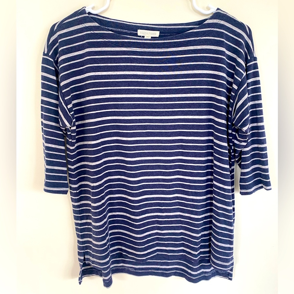Eileen Fisher navy & grey striped 3/4 sleeve shirt size XS